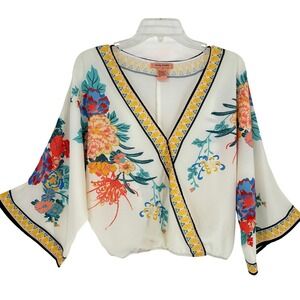 Flying Tomato Cream Floral Surplice Neck Top 3/4 Dolman Sleeve M Cottage Boho